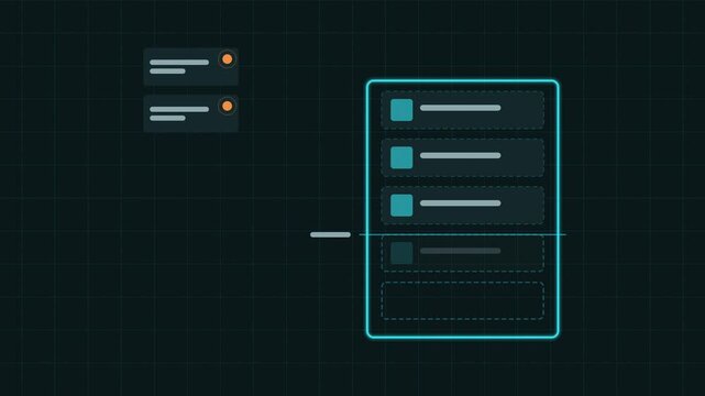 Seamless 4K looping concept animation: lazy loading deferring offscreen content. Glowing flat vector line icons in teal and cyan on a dark grid background, with blank status cards instead of real text