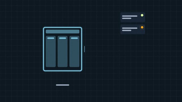Animated responsive layout adapting to width drawn as a minimal neon line illustration in blue and azure on a dark background. Smooth 4K seamless loop with placeholder label bars and copy space for yo