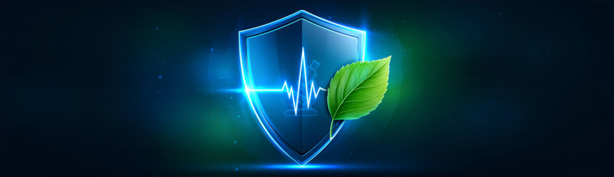 Futuristic shield with a heartbeat line and a green leaf symbolizes health protection and eco-friendly technology on a dark blue digital background.