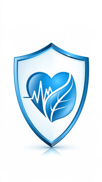 A blue shield icon featuring a heart with a heartbeat line and a leaf, symbolizing health, protection, and environmental care.