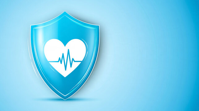 A blue shield with a heart and heartbeat line icon symbolizes health protection and medical security.