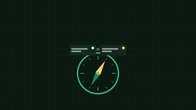 Seamless 4K looping concept animation: compass pointing toward true north. Glowing flat vector line icons in green and mint on a dark grid background, with blank status cards instead of real text so y