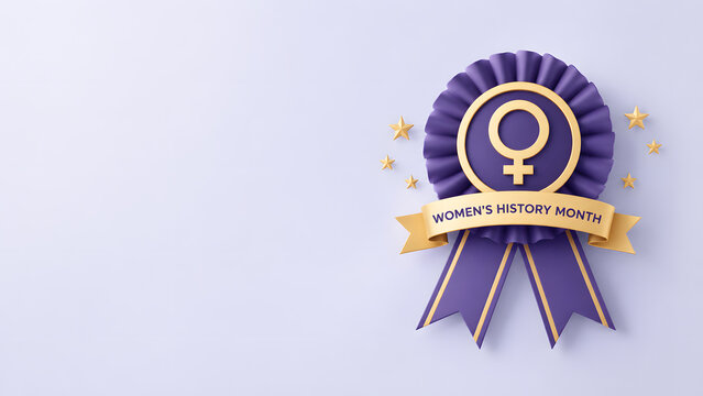 Women's History Month award rosette with female symbol and ribbon banner, flat 3D illustration