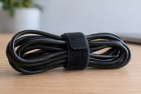 Black cable bundle secured with a fabric strap on a desk