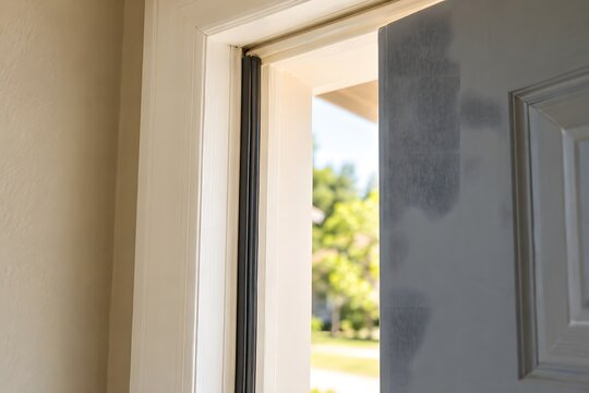 Weatherstrip seal on a door frame beside an open door