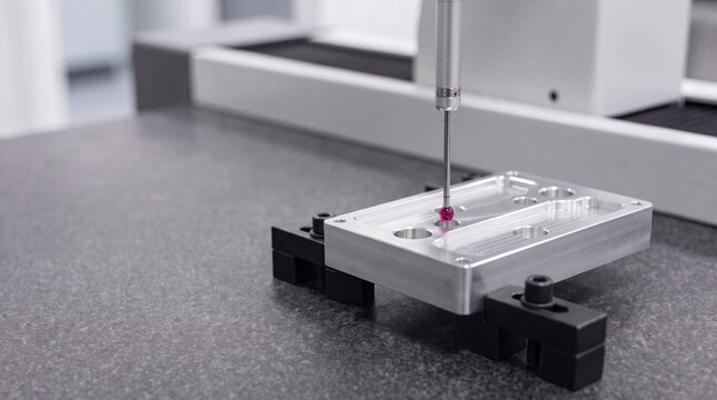 Coordinate measuring machine inspecting precision machined aluminum component
