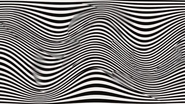 Abstract optical art motion background, hypnotizing black and white zebra stripes texture with hypnotic distorted waves, psychedelic illusion visual loop for concerts and backdrop overlay
