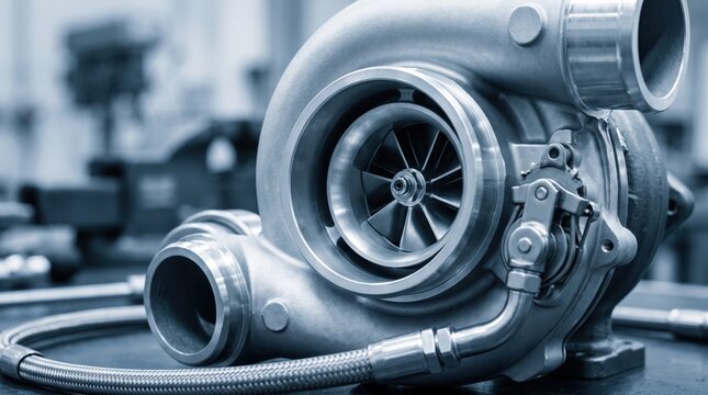 High performance turbocharger engine component detail shot showcasing turbine wheel and compressor housing in industrial automotive manufacturing workshop setting.