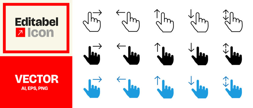 Touchscreen gesture navigation icons showing finger swipes and scroll direction commands for screens.
