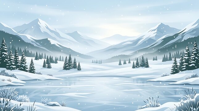Snowy mountain valley with frozen lake and snow-covered evergreen trees under a soft misty winter sky