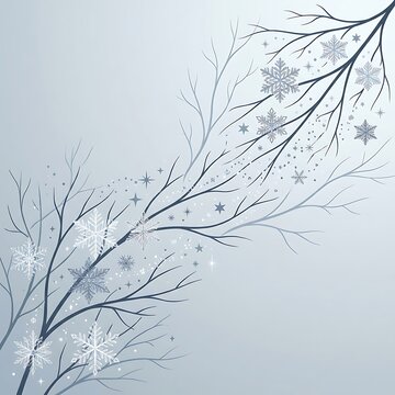 Bare winter branches with delicate snowflakes and sparkling stars on a soft pale blue gradient background