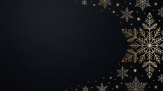 Golden snowflakes and stars on a dark black background with large empty copy space on the left