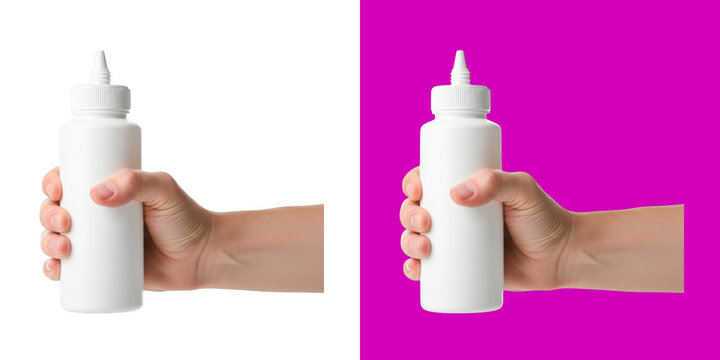 Person hand holding a plain white plastic squeeze bottle container for sauce transparent png
