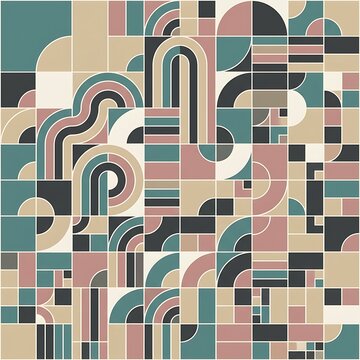 Retro geometric art deco pattern with curved lines and color blocks