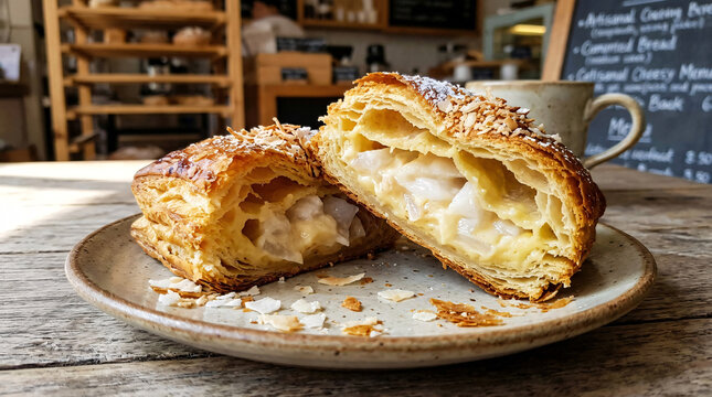 Flaky Golden Puff Pastry Filled with Creamy Coconut Custard and Tender Coconut Pieces Served on Rustic Ceramic Plate in Cozy Bakery Cafe