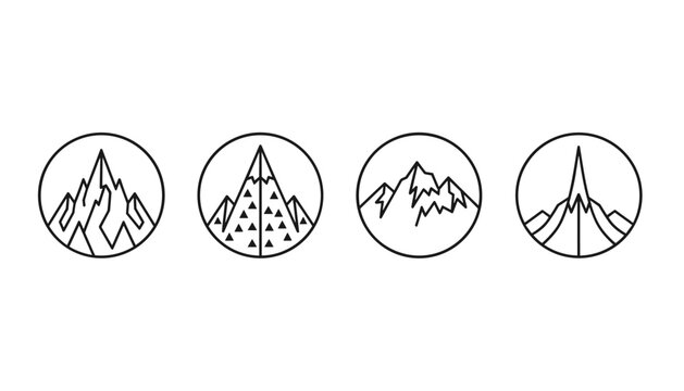 Four minimalist circular mountain peak logos in clean black lines showing various alpine peak designs on a white background.