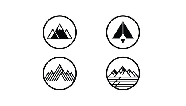 Four minimalist circle logos featuring black and white mountain peaks and geometric outdoor adventure concepts.