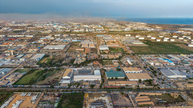 Aerial view of Tema Ghana Industrial zone, with warehouses and