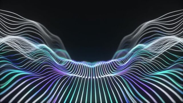 Futuristic symmetric digital wireframe wave grid with glowing lines and cybernetic data flow motion loop for technology, science, and virtual reality visuals.