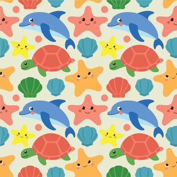 Cute seamless pattern with cartoon sea animals, dolphins, turtles, starfish, and shells on beige background. Hand-drawn style childish seamless background with friendly sea creatures for kids fashion 
