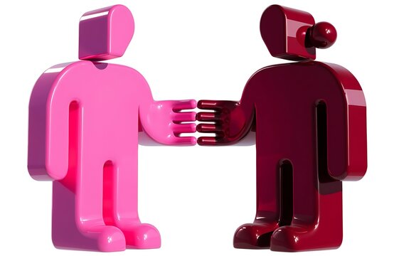 Two abstract 3D human figures in pink and purple shaking hands to symbolize partnership with render white background handshake connection business agreement cooperation stylized