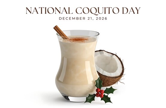 Glass of creamy coquito cocktail garnished with cinnamon and coconut beverage celebration december seasonal greetings tropical traditional caribbean refreshment