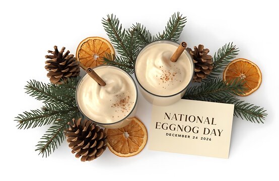 Two glasses of eggnog with cinnamon sticks served near dried orange slices and pine cones holiday drink creamy beverage stick seasonal cocktail dairy winter theme christmas decor
