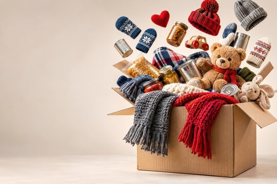 Cardboard donation box overflowing with knitted winter scarves, woolen hats, mittens, canned food, and a plush teddy bear against a neutral studio background with soft lighting.
