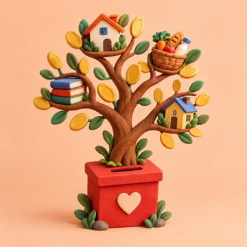 Handmade clay sculpture of a giving tree growing from a red donation box with miniature houses and food.