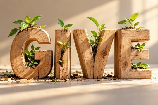 Wooden letters spelling give with fresh green sprouts growing out of the textured carved wood surface.
