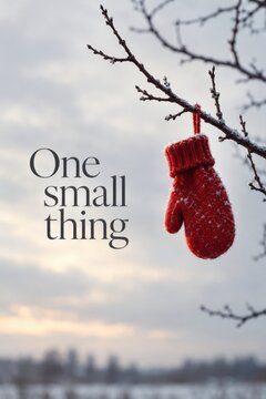 Red knitted mitten hangs from a bare winter tree branch against a pale overcast sky, featuring soft lighting and textured wool.