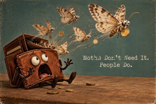 Leather wallet with a panicked facial expression lies on a wooden surface as glowing moths fly out with coins under moody lighting.