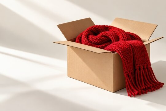 Cardboard box containing a bright red knitted woolen scarf sits on a neutral surface under soft morning light with diagonal shadows.