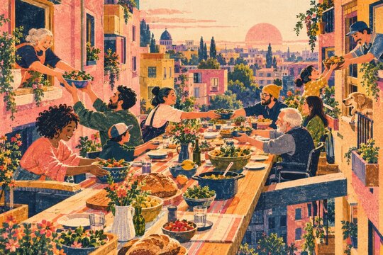 Community sharing a long dinner table filled with fresh food and warm lighting along a neighborhood street.