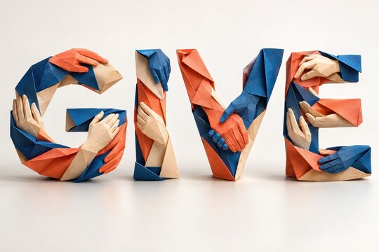 Give typography sculpture built from folded paper hands in blue and orange tones.