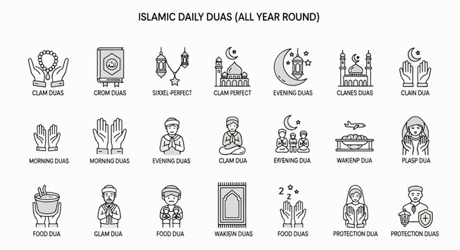 Islamic daily duas all year round vector icons set. Prayer symbols for muslims. Ramadan and islam religion