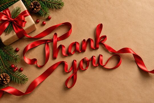 Shiny red satin ribbon forming the words thank you on a smooth brown paper background decorated with lush pine branches and berries.