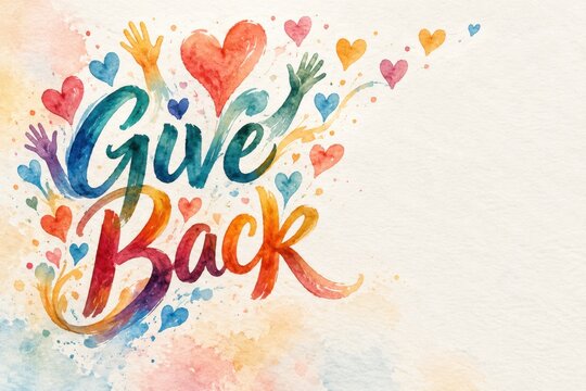Watercolor lettering stating give back surrounded by colorful painted hearts and outstretched hands on textured cream paper.