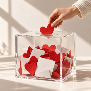 Transparent acrylic donation box filled with vibrant red paper hearts and white notes under soft morning sunlight with a feminine hand dropping a heart.