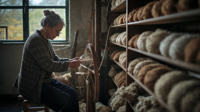 Senior woman with grey hair sits at wooden spinning wheel spinning raw wool into yarn in afternoon workshop light with calm focused handmade craft mood generative AI