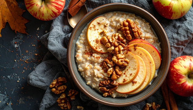 Autumn breakfast flat lay with porridge roasted apples and walnuts with cozy warm inviting mood generative AI