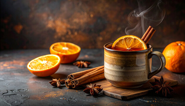 Warm mulled wine in ceramic mug with orange slices and cinnamon sticks with moody warm cozy mood generative AI