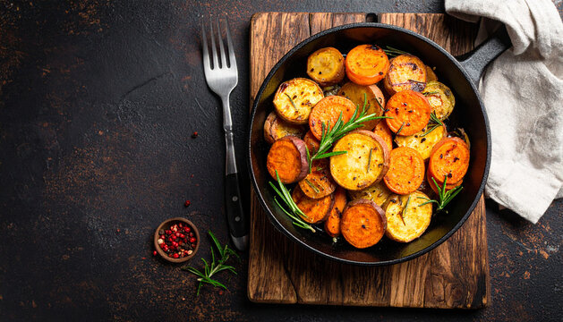 Cast iron pan of roasted root vegetables with rosemary with moody warm rustic mood generative AI