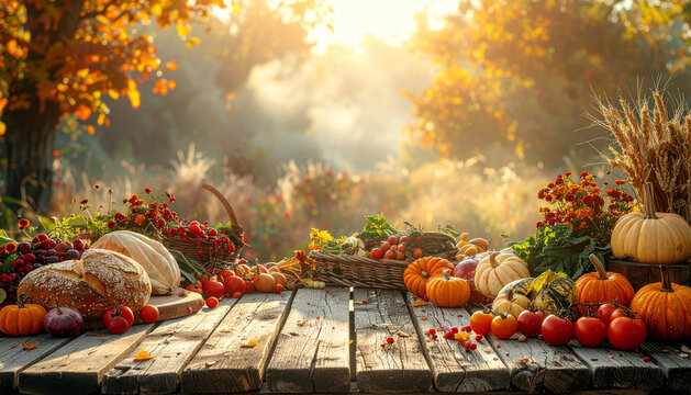 Autumn harvest festival table outdoors laden with vegetables and bread with warm documentary rustic mood generative AI