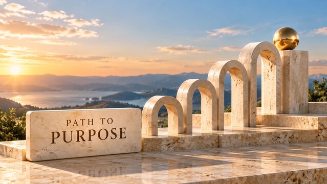 Stone arched staircase sculpture with sunset view overlooking a lake landscape monument achievement motivation metaphor
