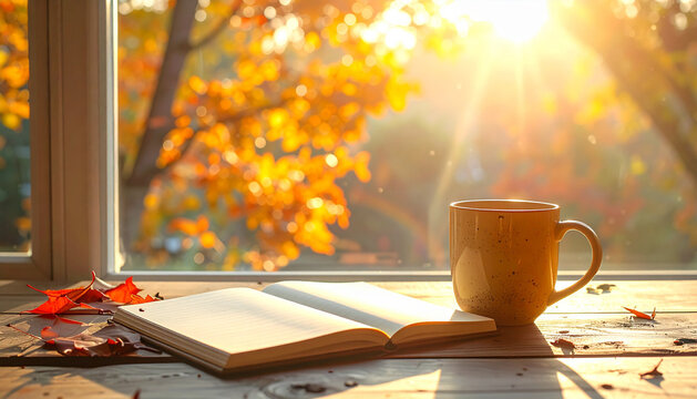 Home office desk near window with open notebook and tea mug with calm inviting peaceful mood generative AI