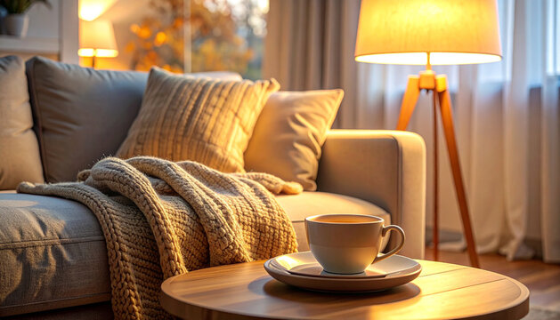 Home lounge scene at dusk with warm floor lamp wool blanket and tea cup with cozy peaceful calm mood generative AI