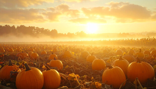Field of pumpkins in soft morning fog with documentary serene atmospheric mood generative AI