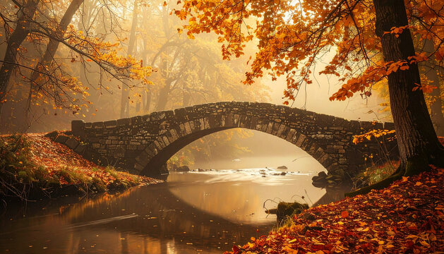 Old stone bridge over small river in autumn woodland with moody cinematic atmospheric mood generative AI