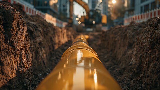 Yellow utility pipeline running through a freshly excavated city trench, supporting essential underground infrastructure construction